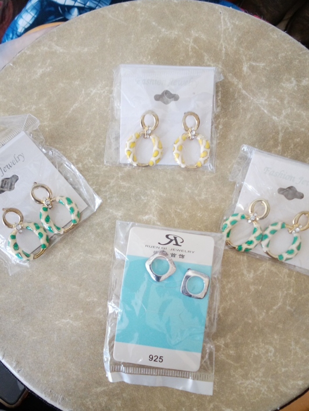 Fashion Costume Jewelry Gold Hoop Earrings with Yellow and Green Enamel Accents